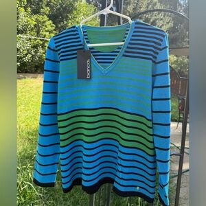 BIANCA de. Blue and Green Striped V-Neck Sweater NWT size Large elegant